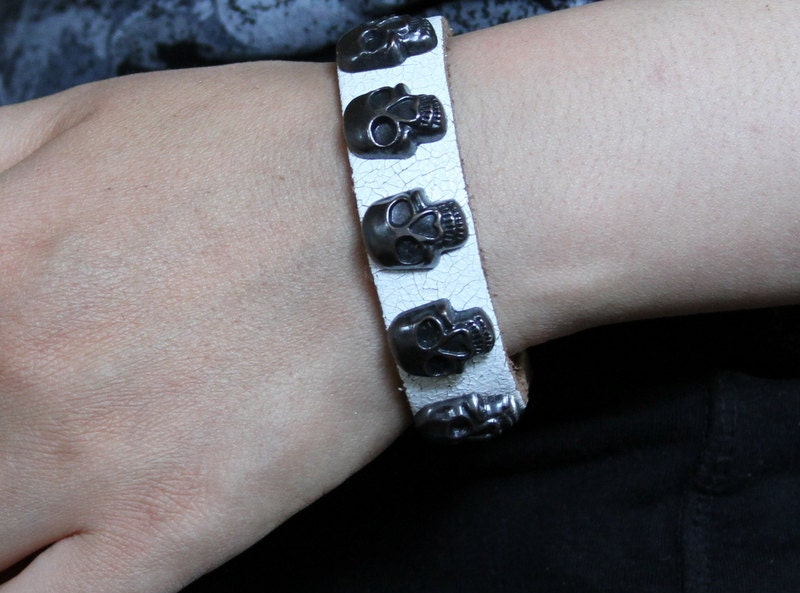 Skull Studded Genuine Leather Bracelet, Leather Cuff. B008