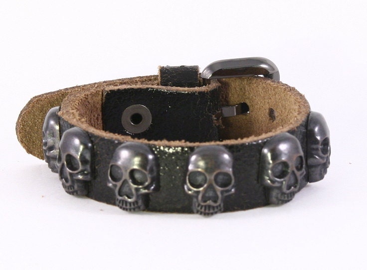 Skull Studded Genuine Leather Bracelet, Leather Cuff. B008