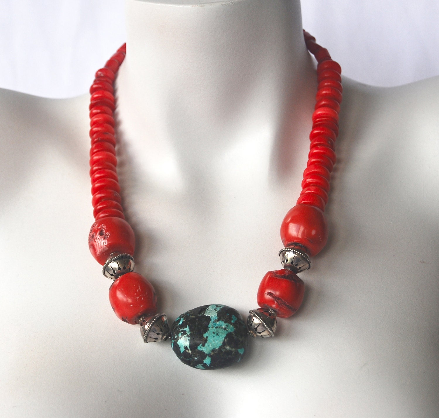 Red Coral Chunky Beaded Necklace Handmade By Liajewelrydesigns