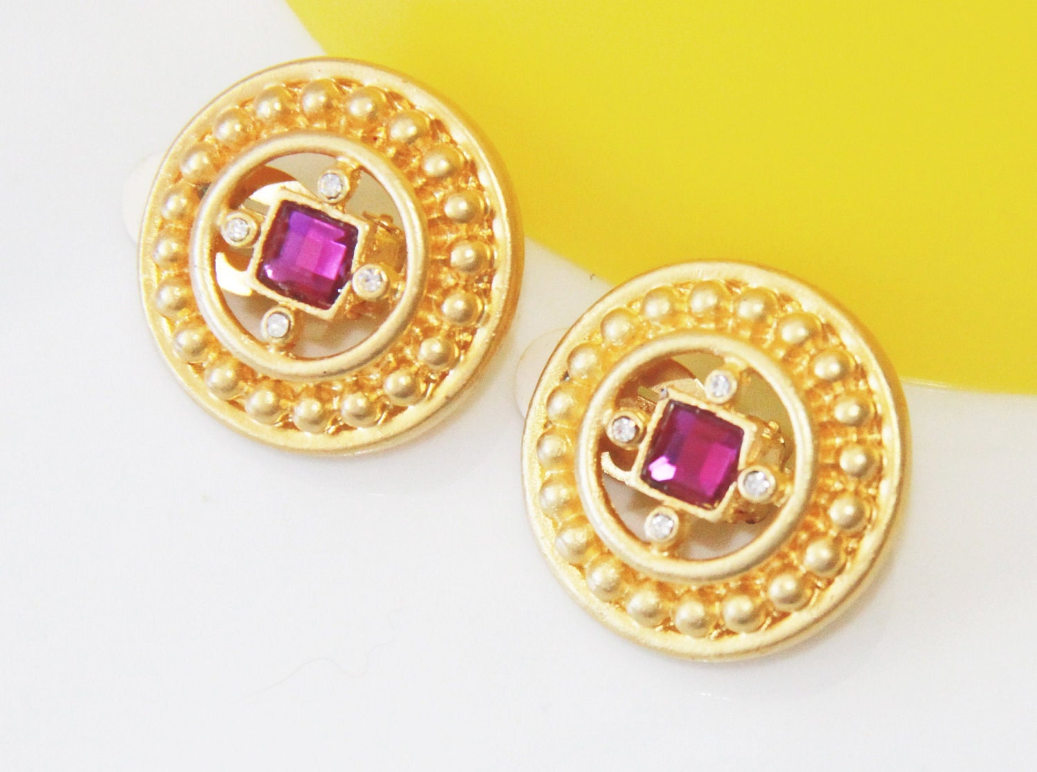 Vintage Stones Earrings Gold Tone with Purple Faceted Square and Clear Rhinestones - Modern