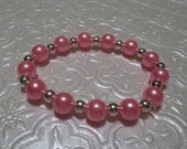 HANDMADE BubbleGum Pink Glass PEARL and Silver Beaded Stretch BRACELET, Bride, Bridesmaid Wedding Jewelry