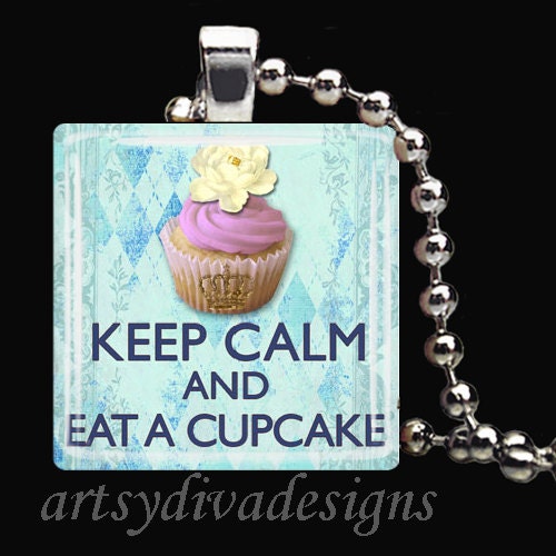 KEEP CALM CUPCAKE Cake Baker Dessert Glass Tile Pendant Necklace Keyring