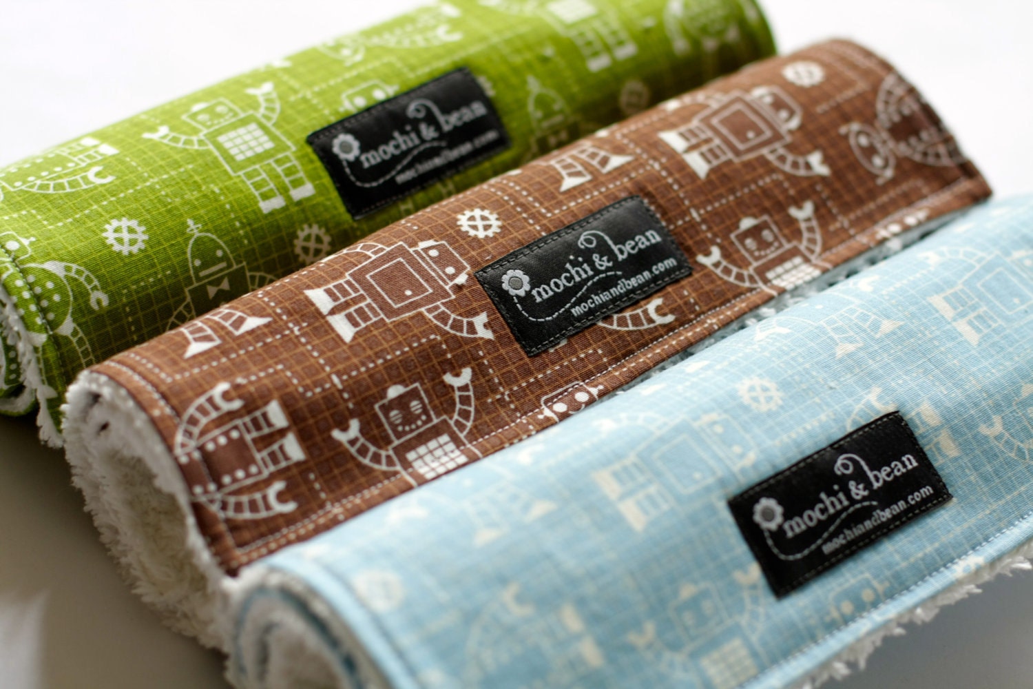 Organic Baby Burp Cloths, Set of 3, Robot Factory by Caleb Gray and White Cotton Chenille