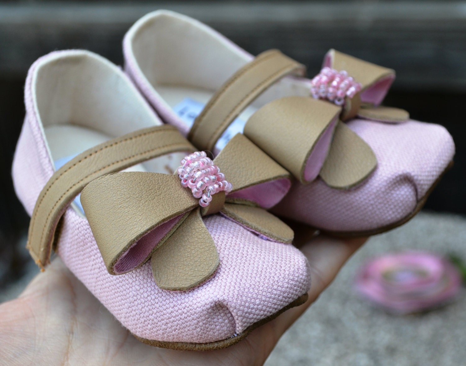 Shabby Chic Pink Baby Shoes with Leather Bow and Hair Piece (The Lorah Shoes) By LaValya on Etsy