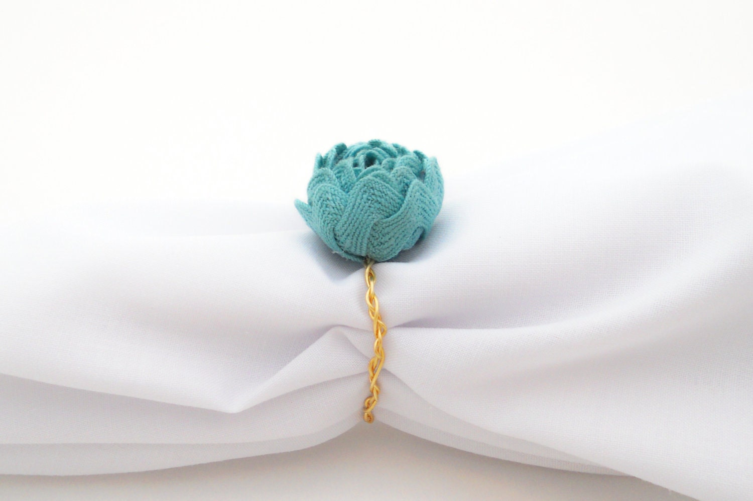 Dainty Vintage Teal Rose Bud and Golden Metallic Wire Napkin Holders Set of 8

