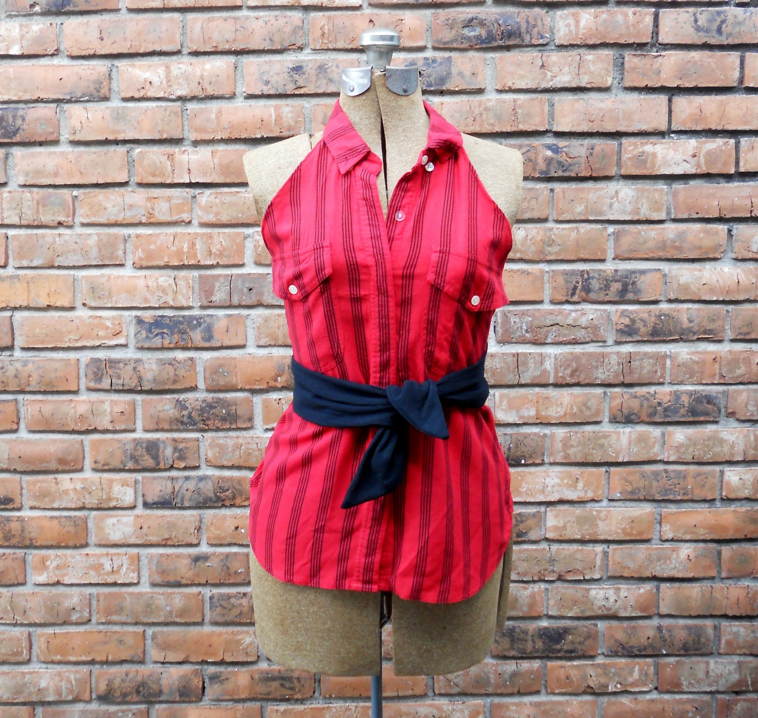 Red and Black Sexy Full Apron Upcycled from Button Down Shirt Housewarming Gift