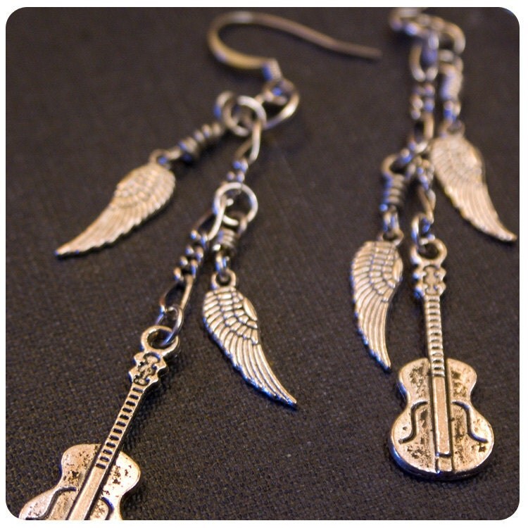 Rocker Silver Wigned Guitar Dangle Earrings by WATTO's Wife