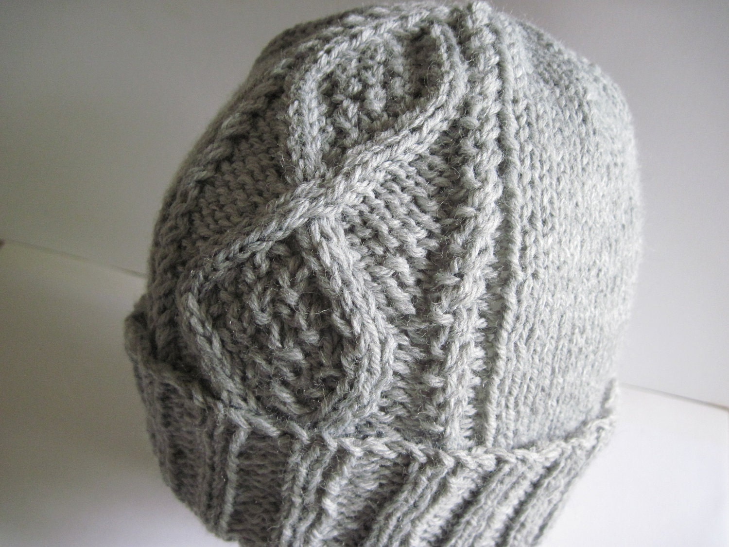 Hand Knitted Gray Heather Moss-in-Diamonds Watchcap