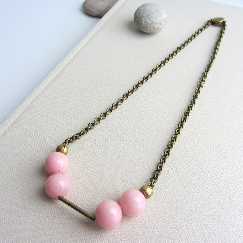 Pink quartz stone beads. Gemstone choker necklace. Antique brass