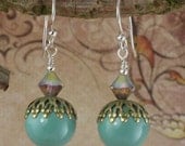 Vintage Style Swarovski Jade Pearl and Crystal Drop Earrings