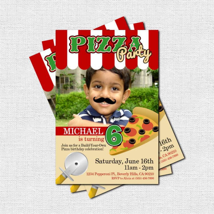 PIZZA PARTY INVITATION Mustache Birthday (printable) Personalized