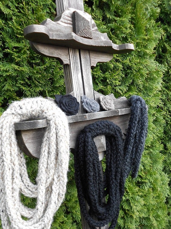 Chunky Infinity Wool Scarf Necklace In Obsidian Black Colorings Handmade Knit Crochet