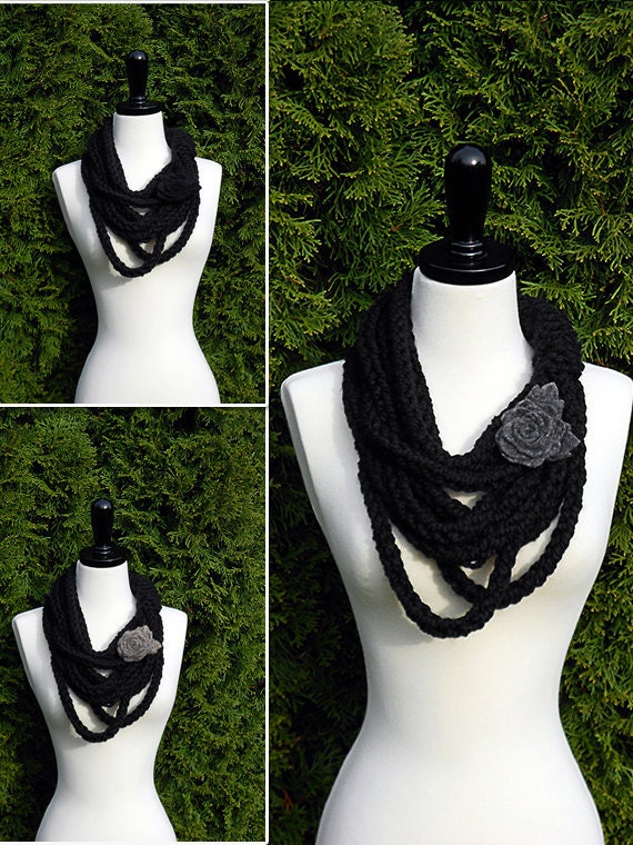 Chunky Infinity Wool Scarf Necklace In Obsidian Black Colorings Handmade Knit Crochet