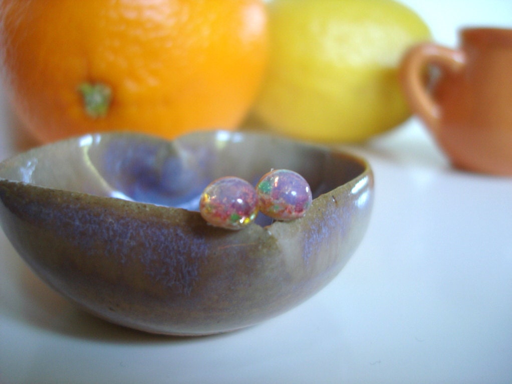 Dragon Eggs Fire Glass Opal Earrings - Tiny opals, Fire Red Orange Yellow Green Purple - Gift idea