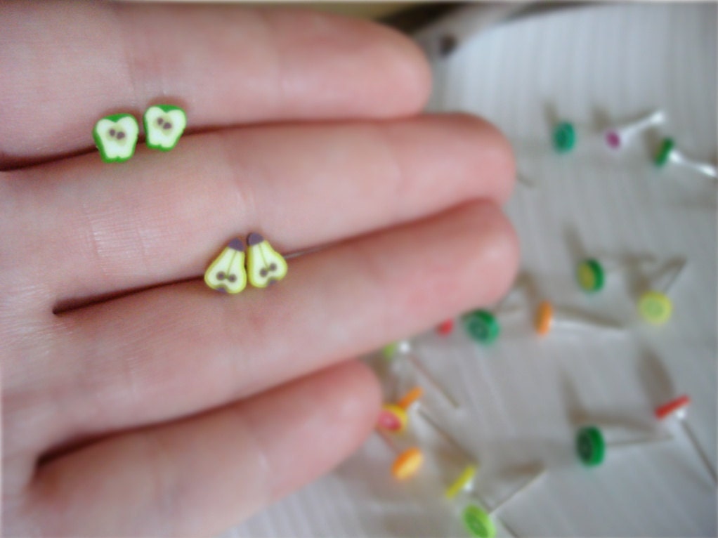 Fruit Two Pairs Assortment of Teeny Tiny Fruit Freshly Sliced Polymer Clay Fruit Earrings - Tiny Kawaii Fruit, Food, Sweets, Gift idea