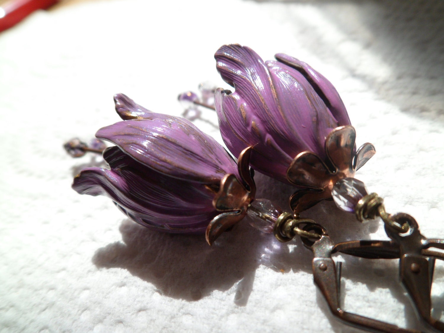 tulip flower dangle earrings. lilac flower,free shipping copper vintage