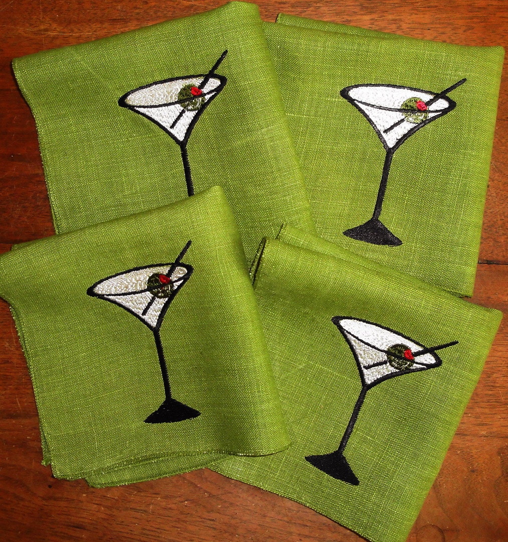 Embroidered Linen Cocktail Napkins with Martini Design, Olive Green, Set of 4, Upcycled Vintage - JensArtifacts