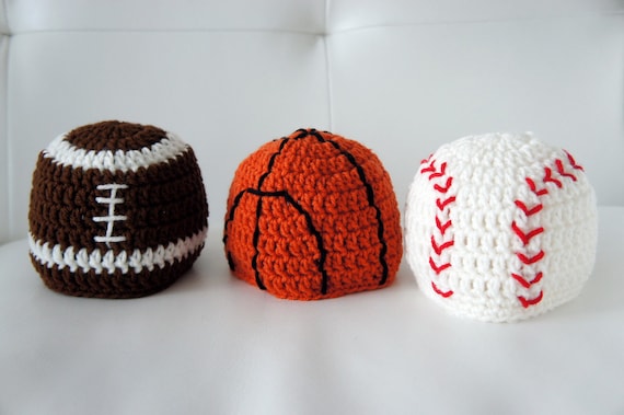 Sports Hats, Baseball, Basketball, Football, Crochet Sports Hats, Crochet Baby Hat, Baby Hat, photo prop