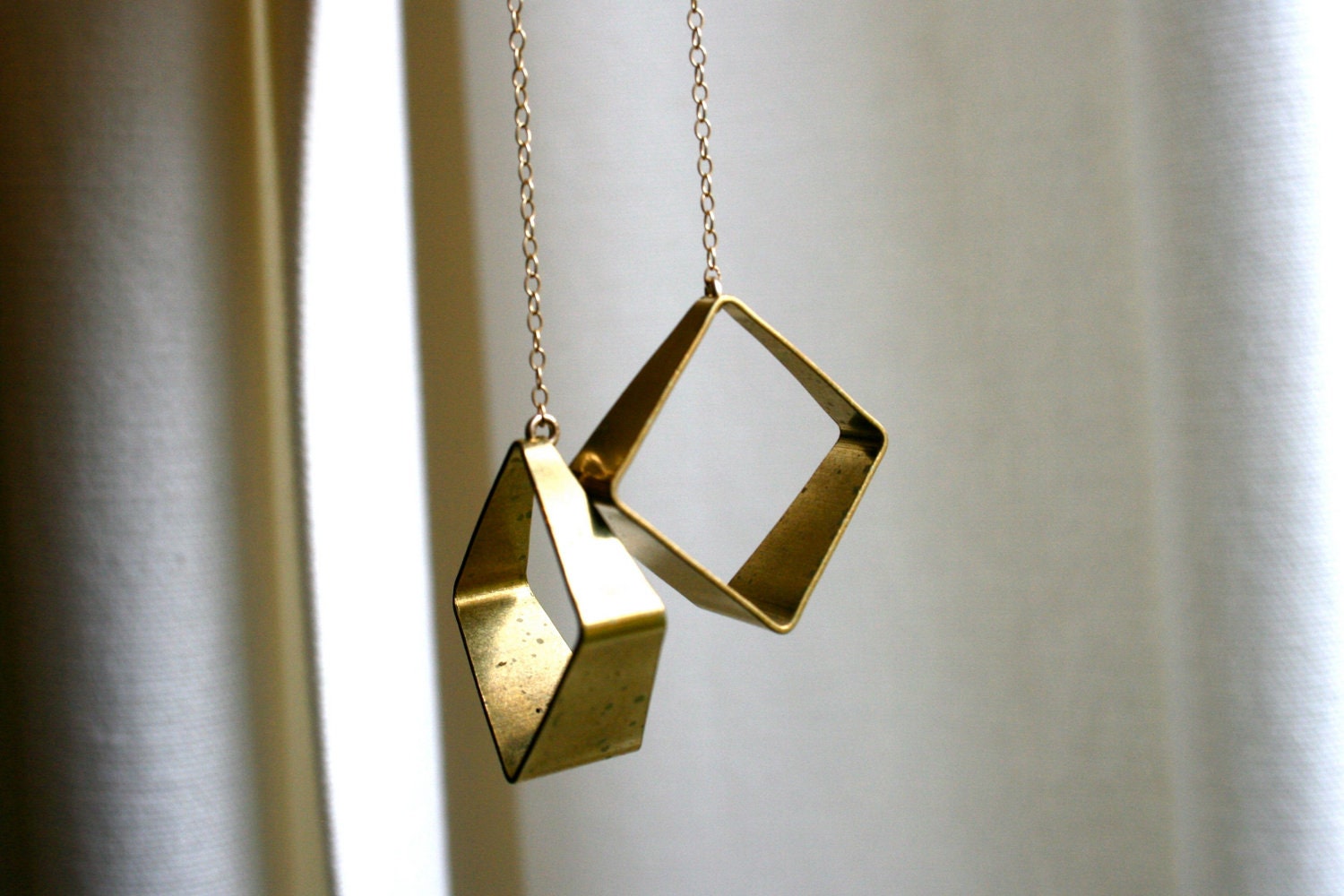 Geometric Brass Long Earrings. Raw Metal Square