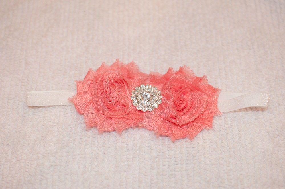 Coral Shabby Chiffon Flower Headband on Sparkle White Elastic, Newborn, Infant, Girls, and Women's Headband