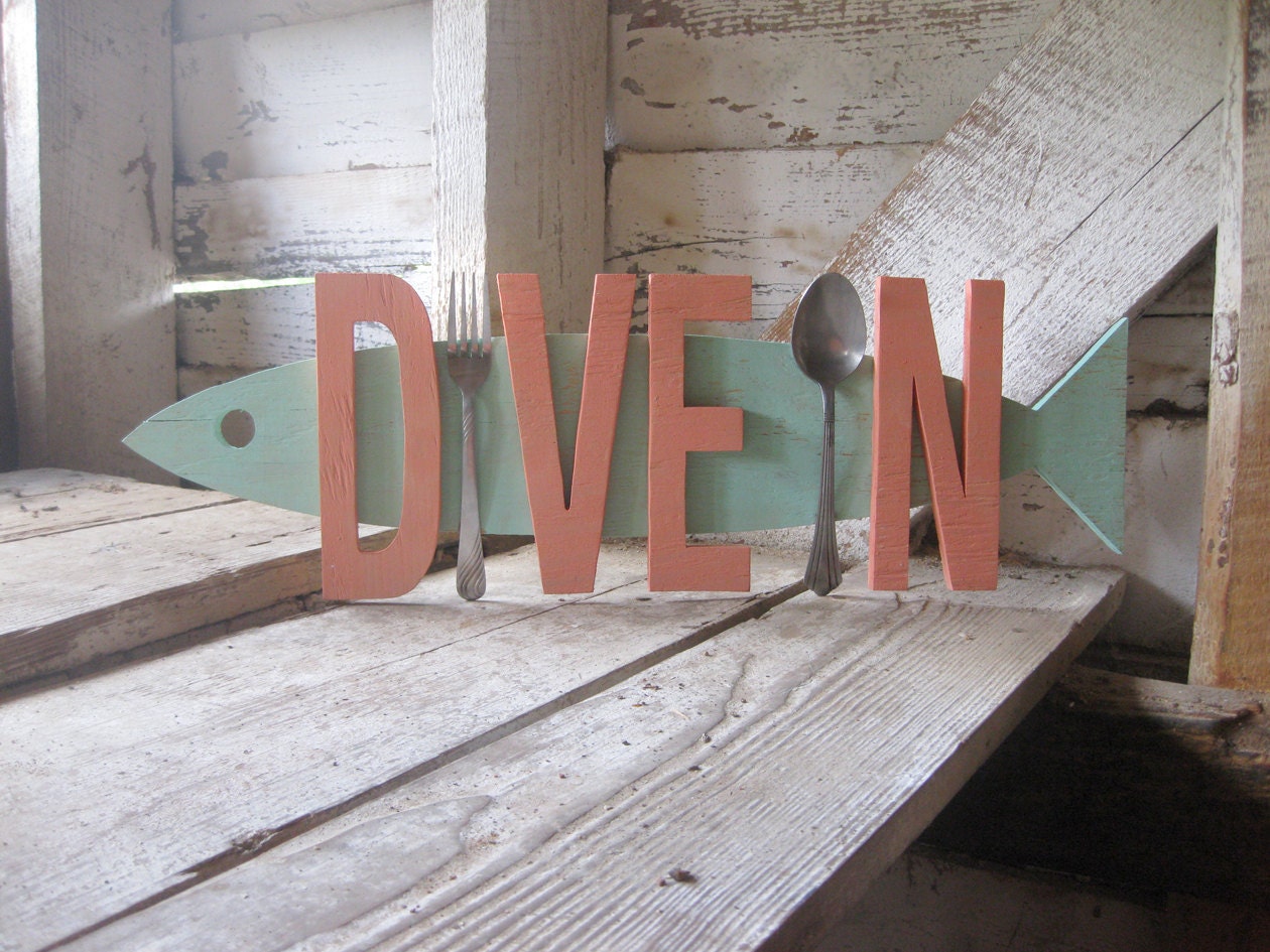 Dive In fish wood rustic sign beach, lake, seafood, dining, kitchen art, restaurant, diner decor shabby chic