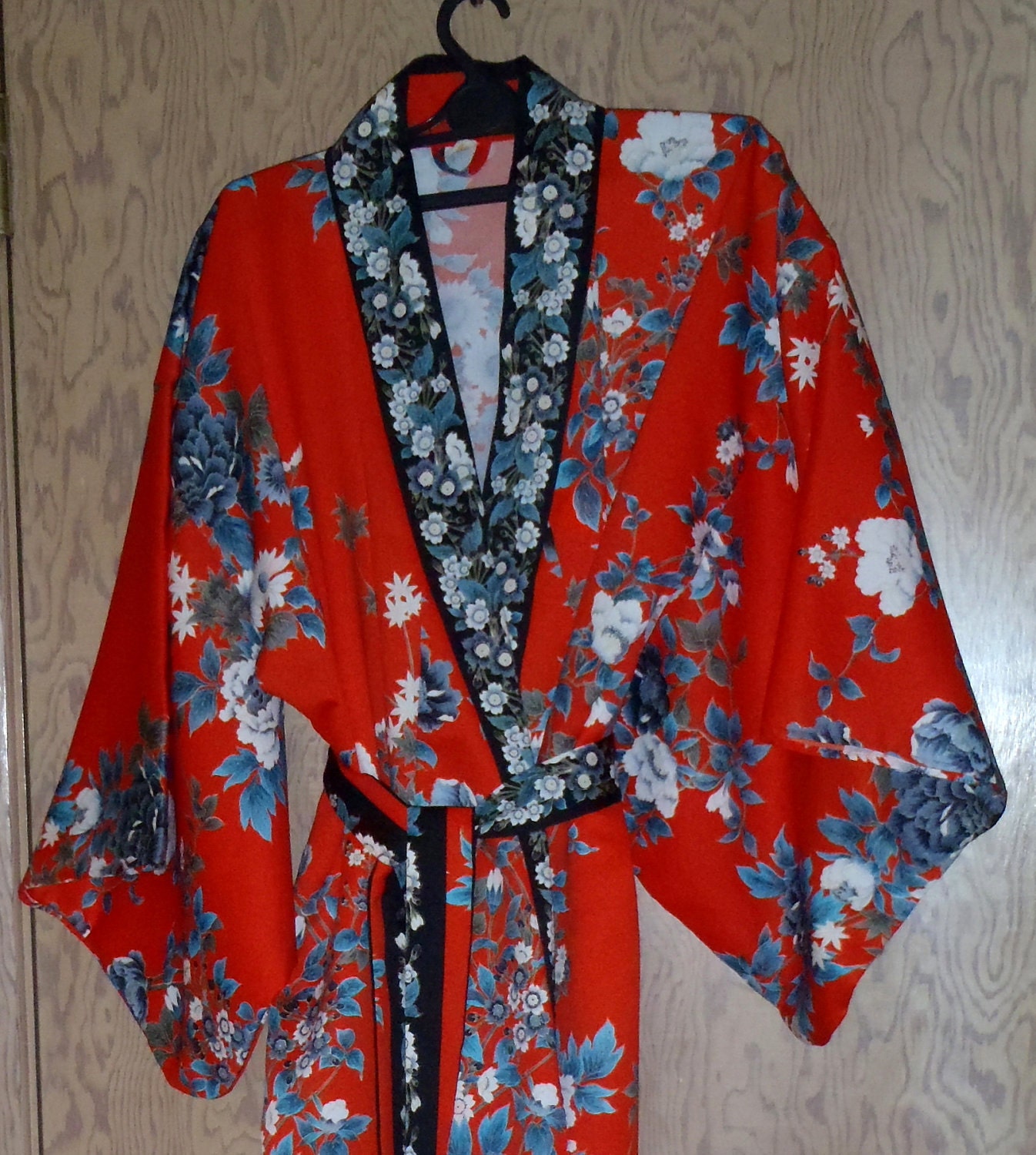 Red Floral Print Japanese Style Kimono in Easy Care Fabric