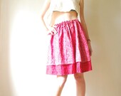 Pink and Red Floral Full Skirt. Knee Length. Small Medium