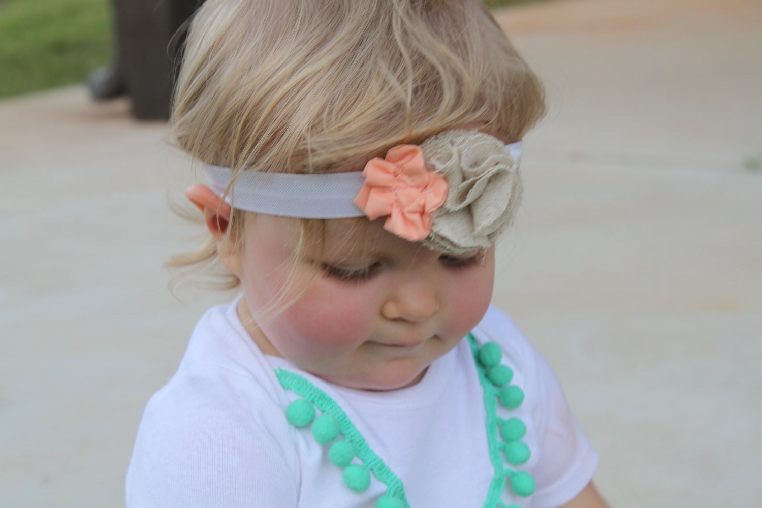Infant flower headband - Shabby Chic peach flower-toddler-girl-adult -on white elastic