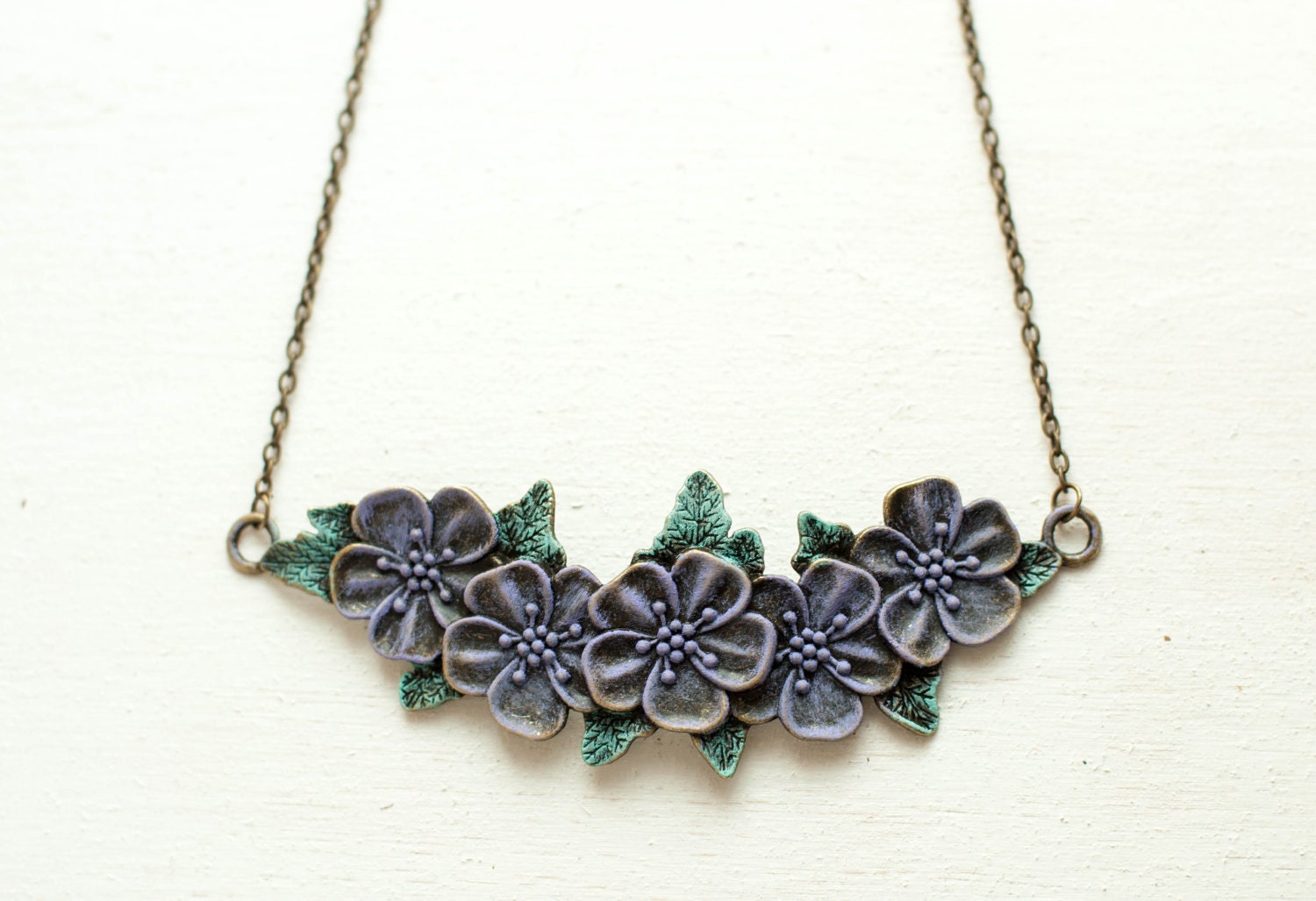 Short necklace with huge brass flowers - blue and lavender color - CvetCvet Short necklace with huge brass flowers - blue and lavender color - CvetCvet