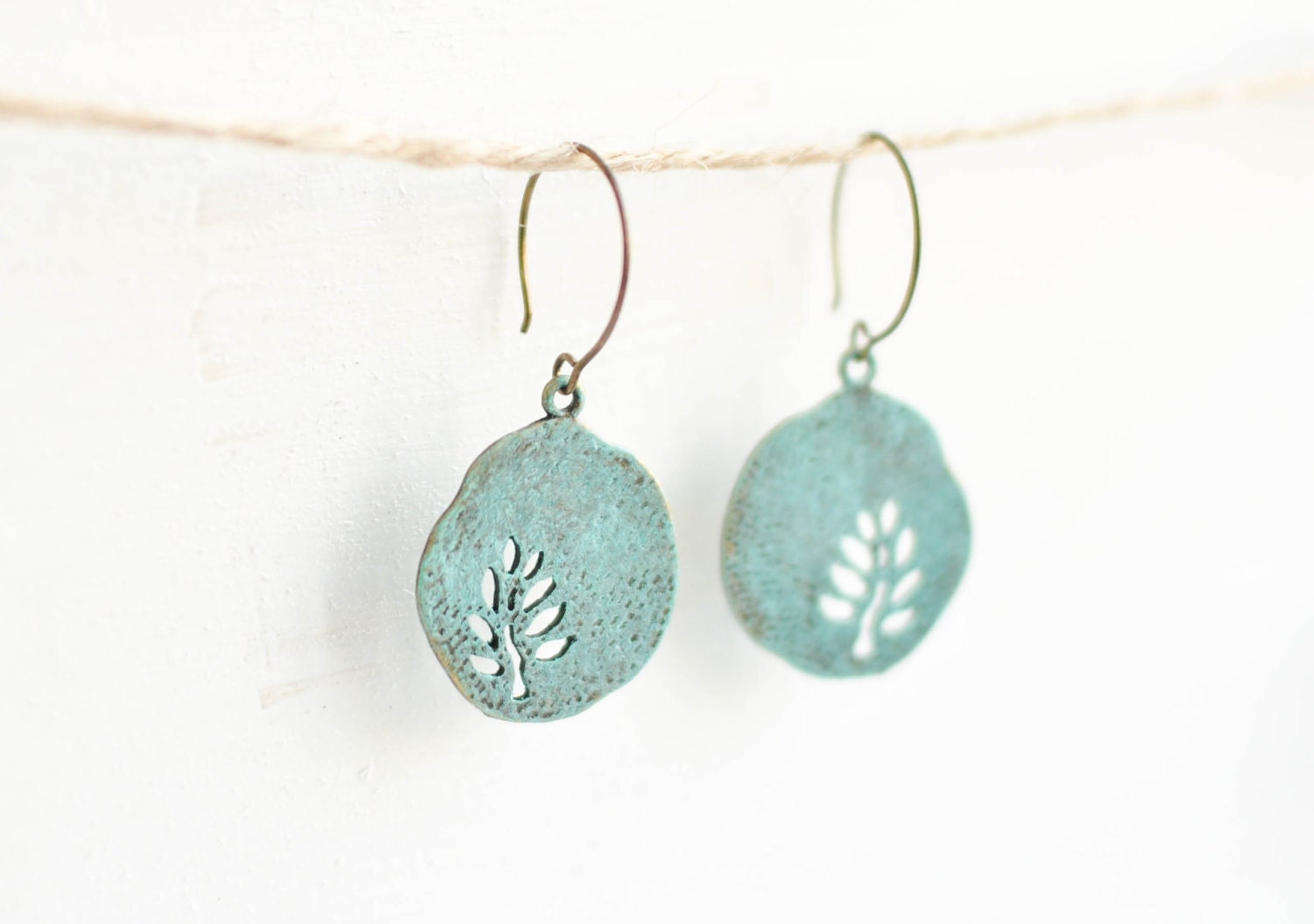 Blue round earrings with tree - patina earrings - copper ware