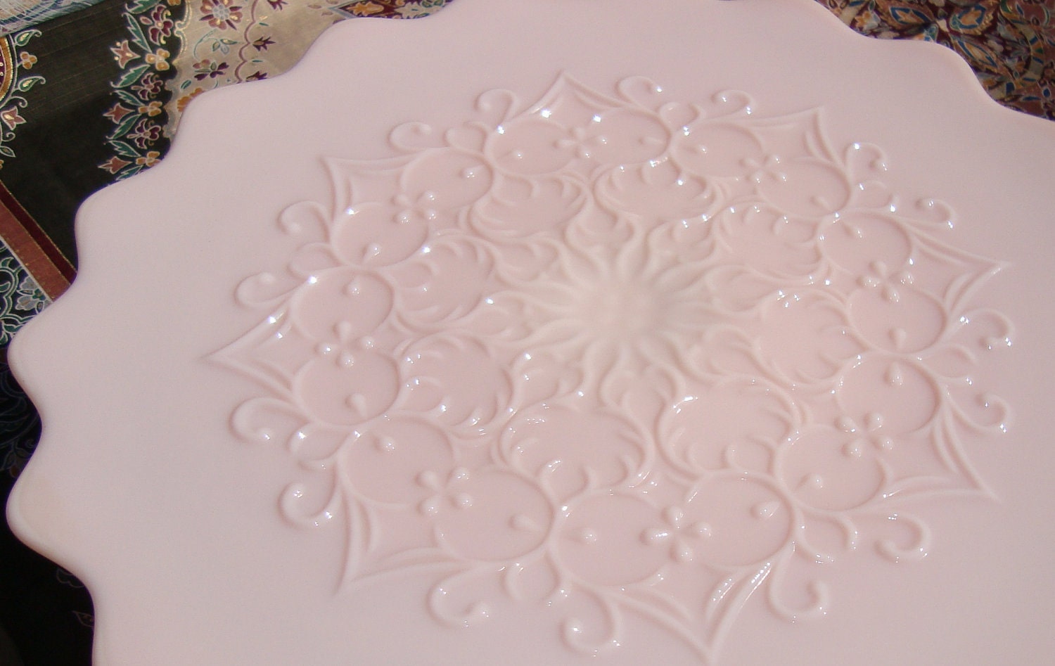 1950's FENTON Pink Milk Glass Cake Stand Spanish Lace Cake Plate Truly Gorgeous