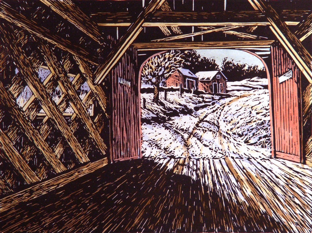 Linocut print and watercolor of Vermont covered bridge, entitled "Green River Bridge"