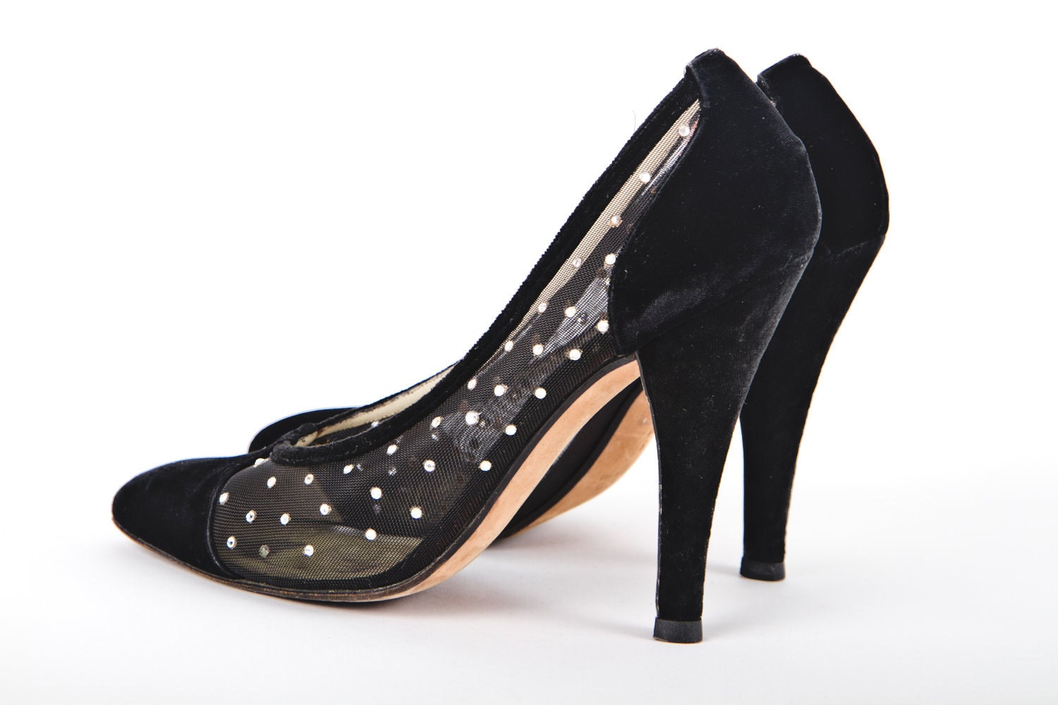 REDUCED was 275 now 225 gorgeous vintage showgirl 1980s GIVENCHY mesh velvet rhinestone diamante heels