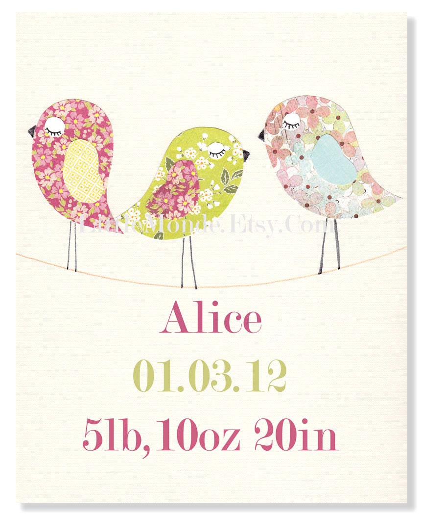Baby Girl Nursery Art, NURSERY ART PRINT, Personalized Nursery Prints, 8x10 Nursery Print, Pastel Colors Nursery Art, Birds Nursery Print