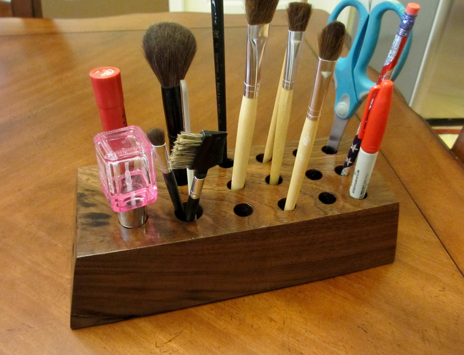 Repurposed Black Walnut Pen Holder. Pencil Holder. Wooden Desk Organizer. Tool Caddy. Makeup Brush Organizer. Art Brush Organizer
