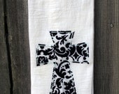Hand Appliqued Black and White Damask Cross Tea Towel