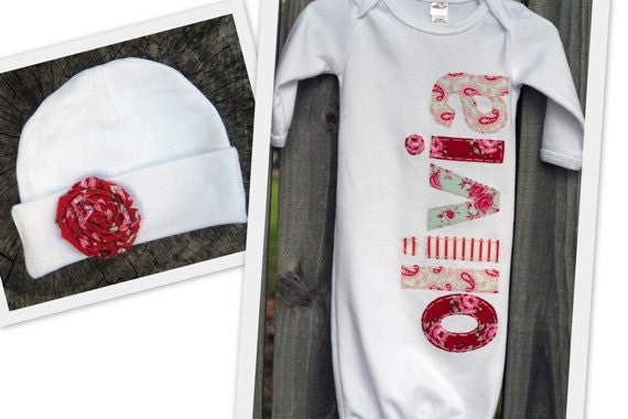 Gift Set -- Hand appliqued newborn gown and cap with fabric rosette