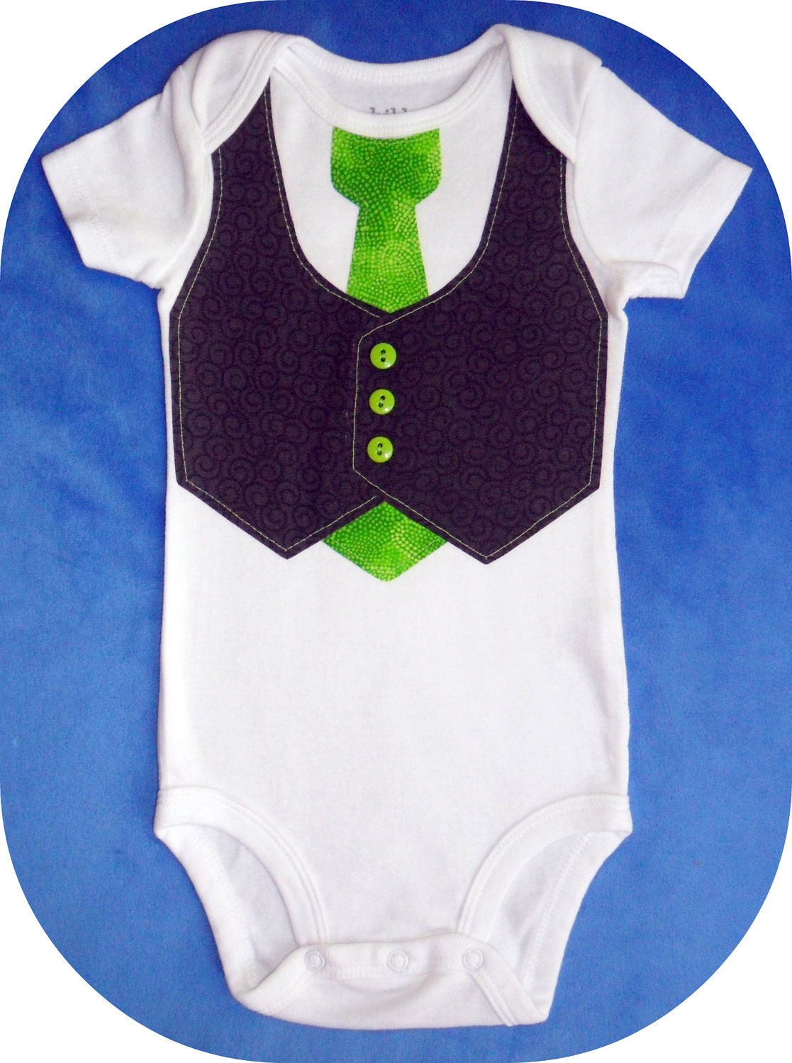 Baby Onesie with Gray Swirl Vest & Lime Green Spotted Tie using Fabric Applique