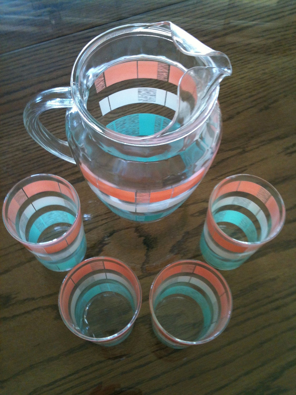 RESERVED FOR MELISSA -
Vintage Pink , White, and Turquoise - Iced Tea Pitcher with Glass Set