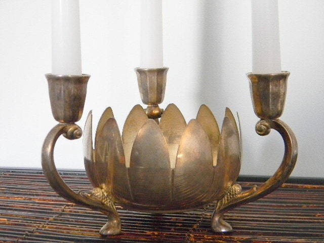 Vintage Silver Plated Lotus Candlesticks Holder / Signed F.B. Rogers / Planter Dish