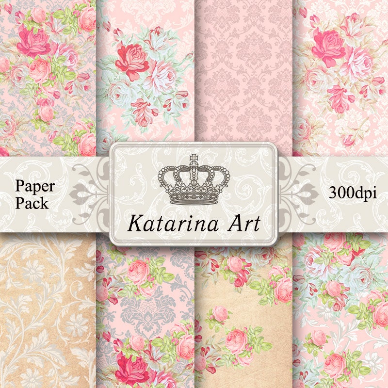 Shabby Chic roses. Digital paper collage background download. Scrapbook Printable set of 8 sheet k520006