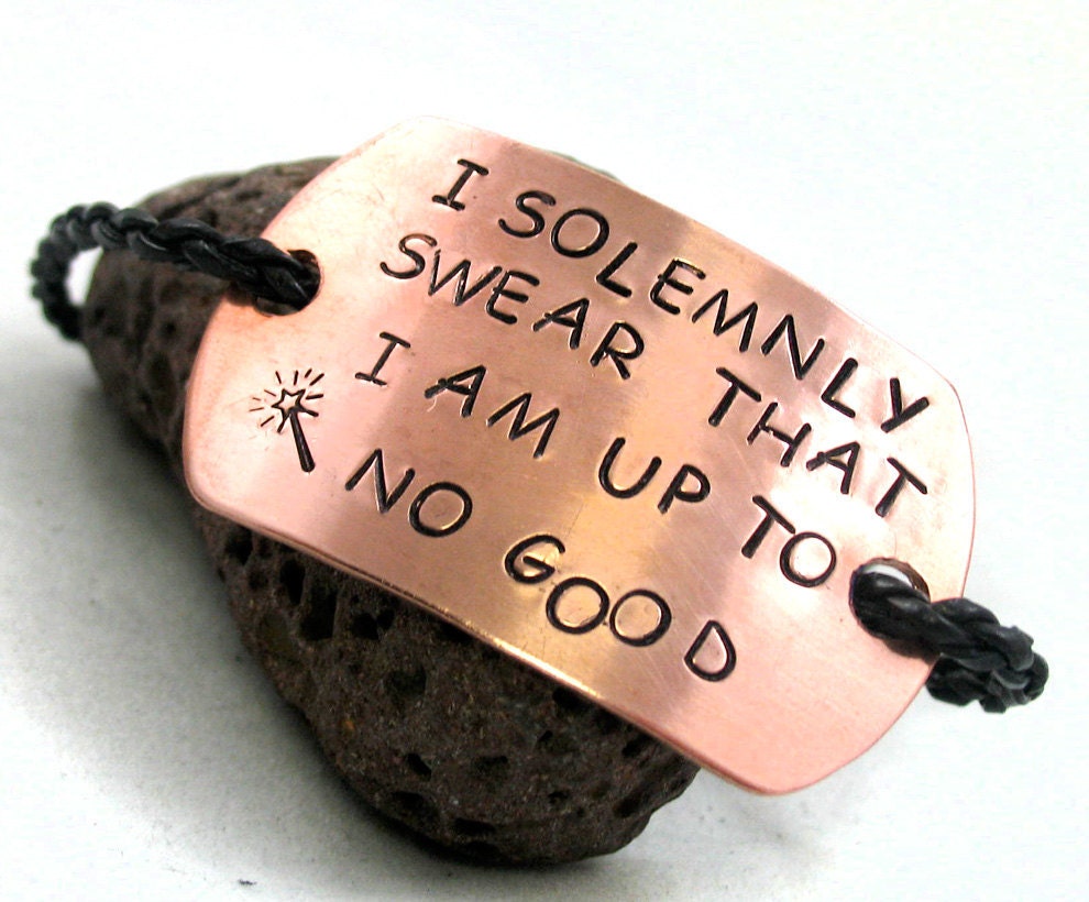 Hand Stamped Harry Potter Copper ID Bracelet on Faux Leather Cord - I Solemnly Swear That I Am Up To No Good