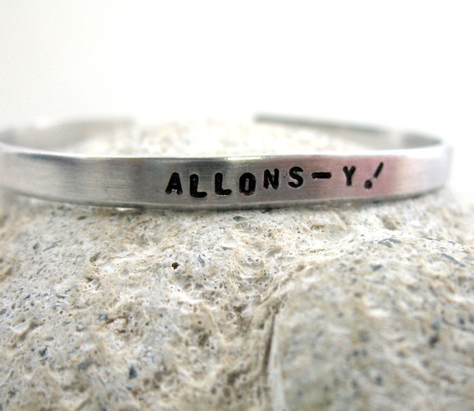 Allons-y - Hand Stamped Skinny Doctor Who Bracelet -  Stackable Aluminum Cuff, Adjustable and