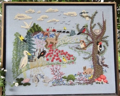 Vintage Needlework Embroidery Field and Stream Scene