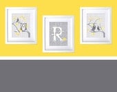Baby Gift shower Personalized Baby Nursery Prints wall decor Whimsical Owl Tweet birds and Custom Letter Monogram, Gray grey yellow 8x10