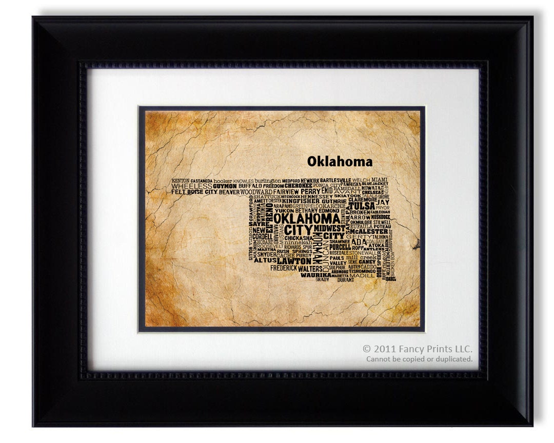 Cities of OKLAHOMA State, Oklahoma Map Cities & Towns - Unique Vintage Style Typography Poster, Christmas gift for him, 8x10