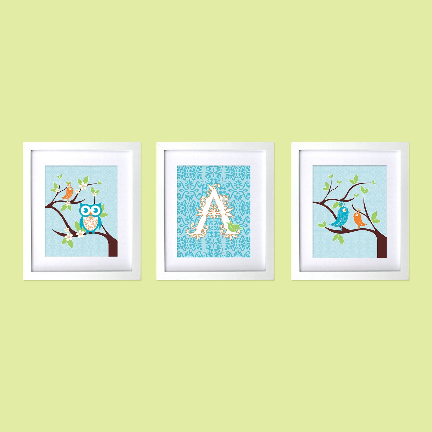 Personalized kids room wall decor, Baby Nursery Prints with Whimsical Tweets and owl in Turquoise and burnt orange, size 8x10