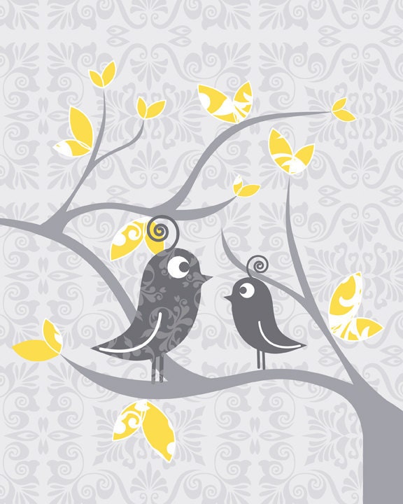 Baby shower gift unisex 2 PC Baby Nursery Prints for modern rooms Whimsical Owl and Tweet, 2 Tweets on damask Grey yellow boy girl unisex
