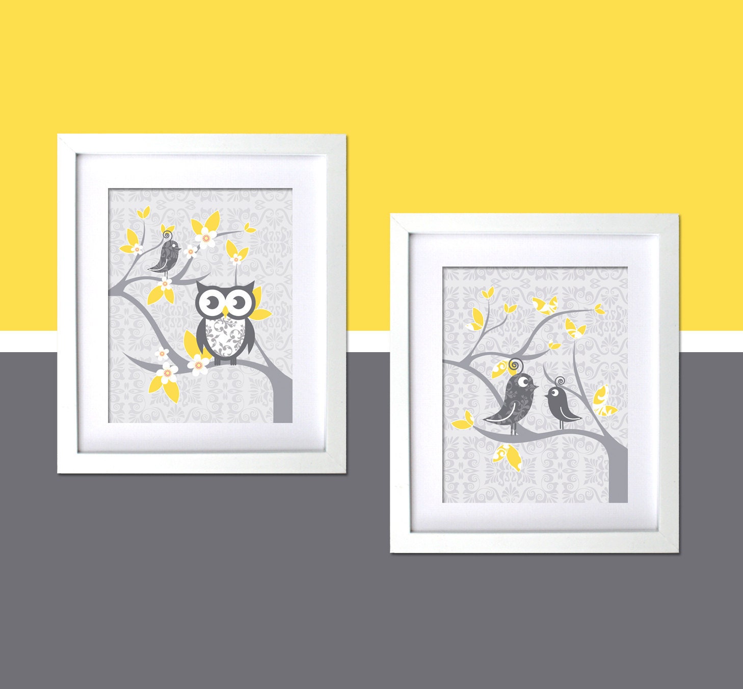 Baby shower gift unisex 2 PC Baby Nursery Prints for modern rooms Whimsical Owl and Tweet, 2 Tweets on damask Grey yellow boy girl unisex