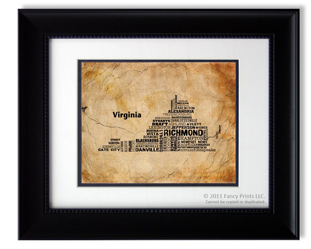 Father's Day gift cities of VIRGINIA State, Virginia Map Cities & Towns Unique Vintage Style Typography Poster Birthday gift for him 11x14
